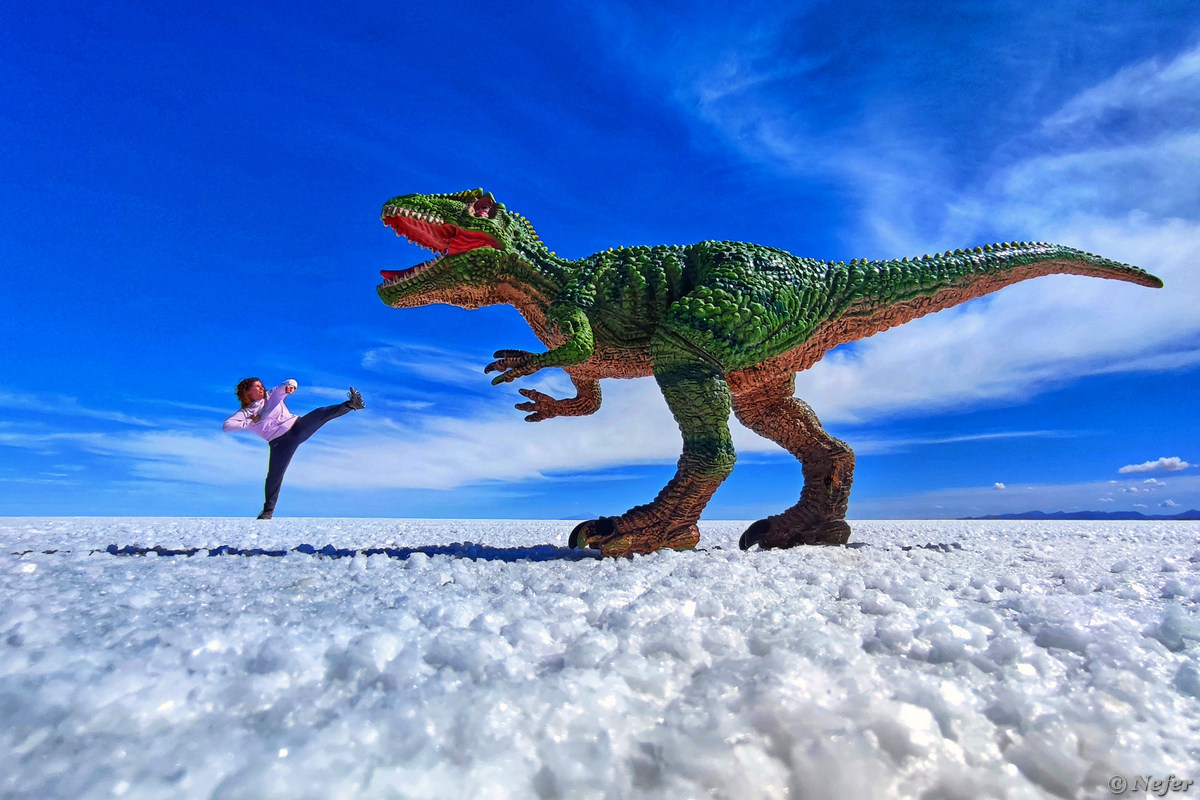 Бескрайний белый Уюни - идеальная сцена для оптических трюков 🦖